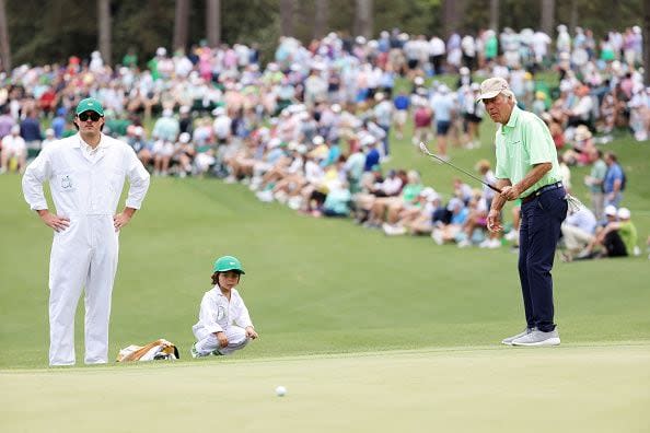 AUGUSTA, GEORGIA - APRIL 10: Ben Crenshaw of the United States putts on the second green during the Par Three Contest prior to the 2024 Masters Tournament at Augusta National Golf Club on April 10, 2024 in Augusta, Georgia. (Photo by Jamie Squire/Getty Images) (Photo by Jamie Squire/Getty Images)