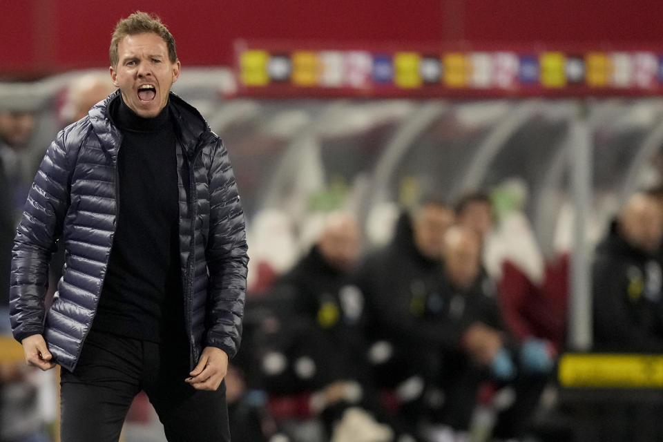 FILE - Germany coach Julian Nagelsmann during the international friendly soccer match between Austria and Germany at the Ernst Happel stadium in Vienna, Austria, Tuesday, Nov. 21, 2023. Germany coach Julian Nagelsmann has extended his contract beyond this summer’s European Championship by two years through the 2026 World Cup. (AP Photo/Matthias Schrader, File)