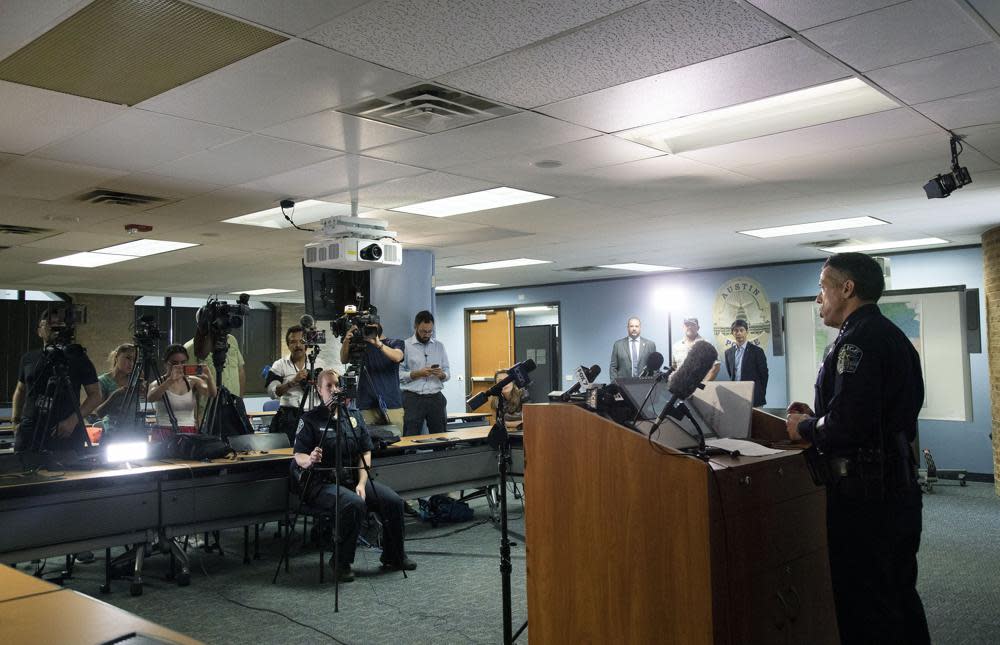 Interim Austin Police Chief Joseph Chacon speaks at a news conference about the shooting, Saturday, June 12, 2021 in downtown Austin, Texas. (Ana Ramirez/Austin American-Statesman via AP)