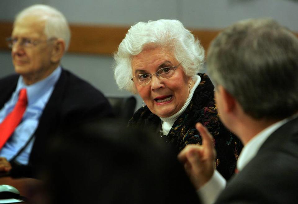 Wake County Commissioner Betty Lou Ward has stern words for Chair of the Wake County Board of Commissioners Tony Gurley, right, as the two discuss how Gurley’s election came about two days earlier during a meeting of the board at the Wake County Courthouse on Wednesday, Dec. 9, 2009. Ward, with a vote made from home via telephone by an ailing Harold Webb, the former Chair, was elected Vice Chair of the board. Commissioner Stan Norwalk is at left.