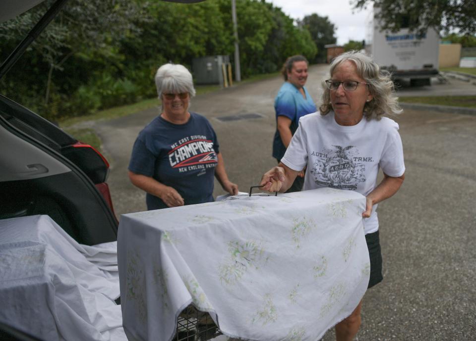 Victoria Mejia (right), and Louise Connors (left) of Fort Pierce, pick up several stray cats from Amber Hattaway (background), of Operation Sterilization Outreach Services, after the cats were sterilized and ear tipped to be returned to their home territory/colony on Wednesday, Oct. 25, 2023, at the parking lot of the Humane Society of St. Lucie County in Port St. Lucie.