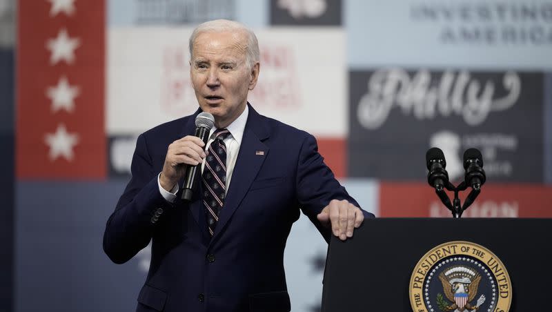 President Joe Biden speaks about his 2024 proposed budget at the Finishing Trades Institute, Thursday, March 9, 2023, in Philadelphia. Utah’s two senators are criticizing Biden’s new budget details.