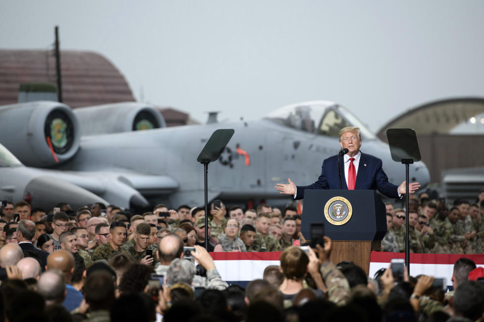 FILE - U.S. President Donald Trump speaks to military personnel and their families stationed in South Korea in Osan Air Base, south of Seoul, Sunday, on June 30, 2019. (Ed Jones/Pool via AP, File)