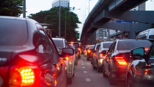 <span class="caption">Brake dust is composed of iron particles, which studies have shown are harmful to human health. </span> <span class="attribution"><a class="link " href="https://www.shutterstock.com/image-photo/transportation-vehicle-traffic-concept-blurred-jam-505483573" rel="nofollow noopener" target="_blank" data-ylk="slk:pdsci/ Shutterstock;elm:context_link;itc:0;sec:content-canvas">pdsci/ Shutterstock</a></span>