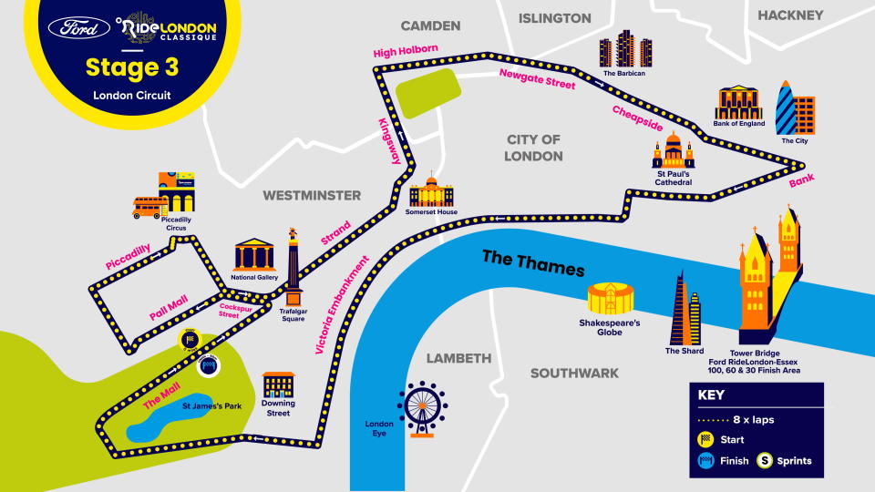 Stage map for 2023 RideLondon Classique