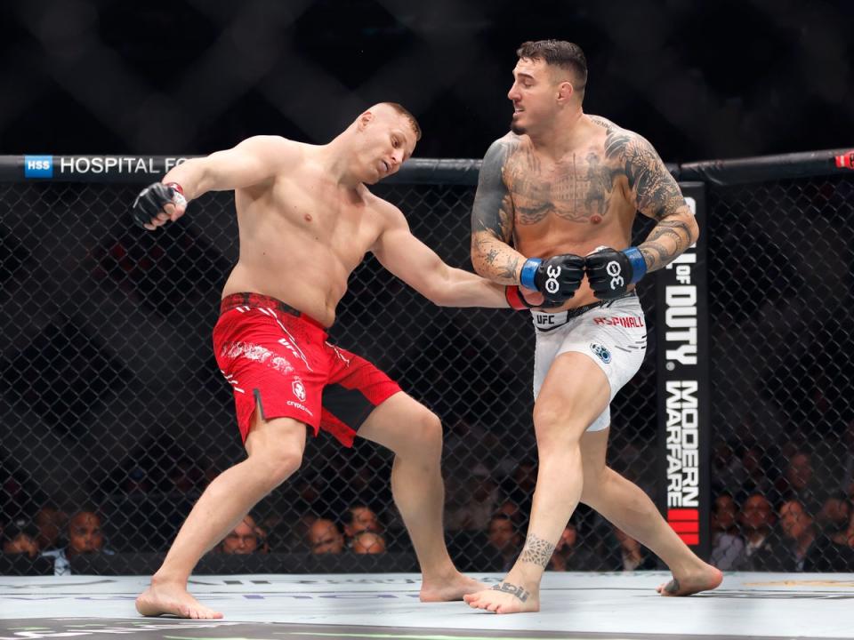 Tom Aspinall (right) won the interim heavyweight title by knocking out Sergei Pavlovich (Getty Images)