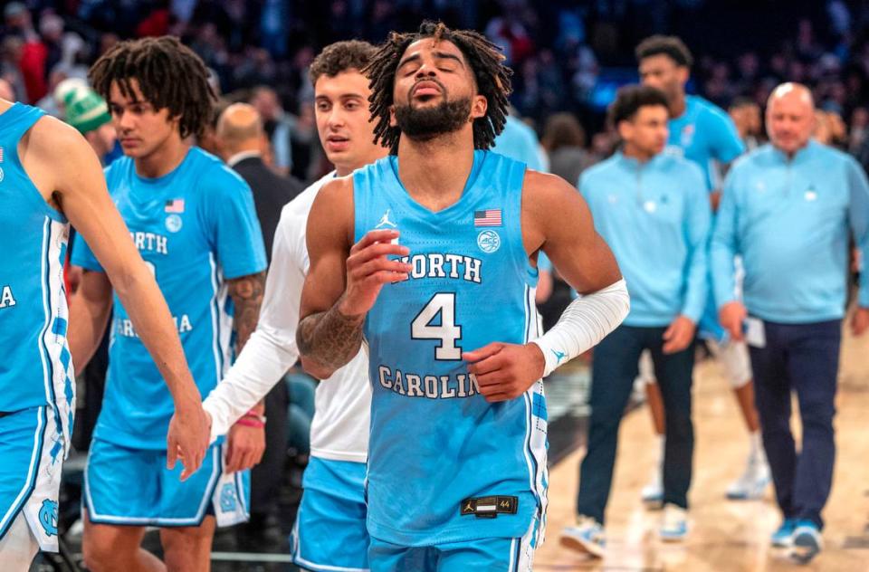 North Carolina’s R.J. Davis (4) leaves the court following the Tar Heels’ 87-76 loss to Connecticut in the Jimmy V Classic on Tuesday, December 5, 2023 at Madison Square Garden in New York, NY. Davis lead all scores with 26 points.