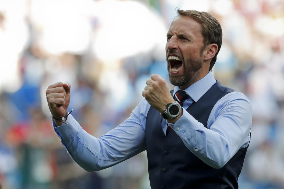 England head coach Gareth Southgate celebrates his team’s 6-1 victory (AP Photo/Antonio Calanni)