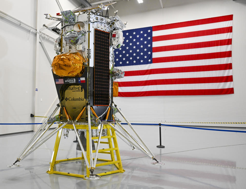 HOUSTON, TX -OCTOBER 3: The Intuitive Machines IM-1 Lunar Lander, Nova-C, is on display  before it is shipped  to Cape Canaveral, Florida, for launch next month on a Falcon 9 rocket. During the open house for the media on October 3, 2023. (Photo by Jonathan Newton/The Washington Post via Getty Images)