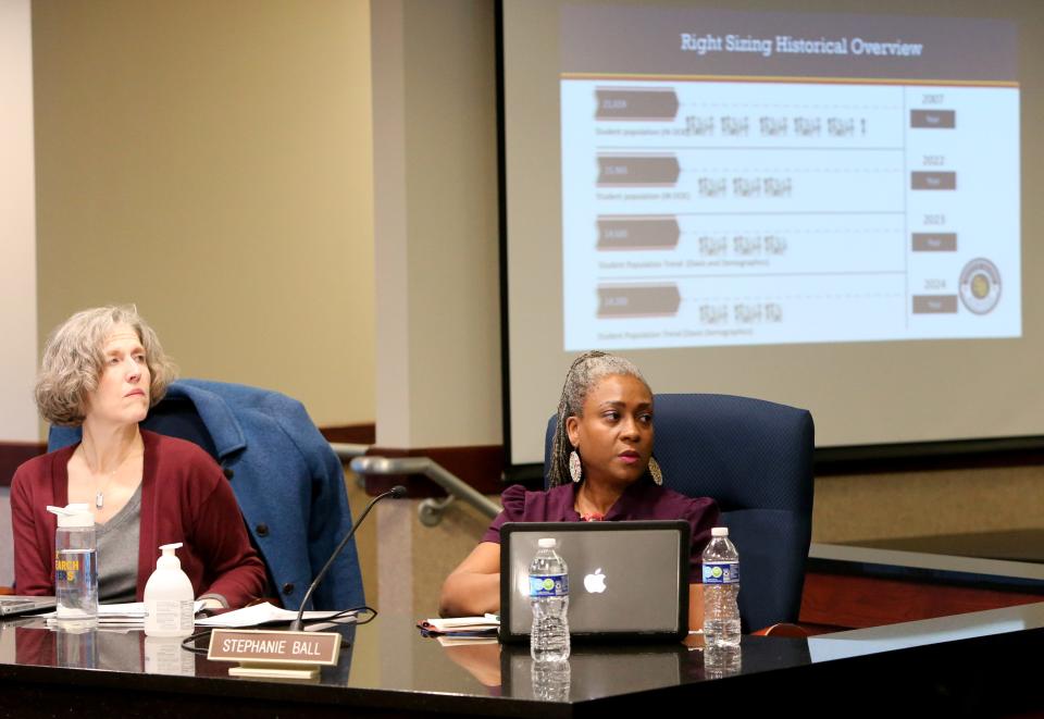 South Bend school board members Kate Lee, left, and Stephanie Ball listen as Scott Leopold speaks Monday, Feb. 6, 2023, at the South Bend school board meeting where the discussion begins on the future direction of the facilities needed for the South Bend school district.