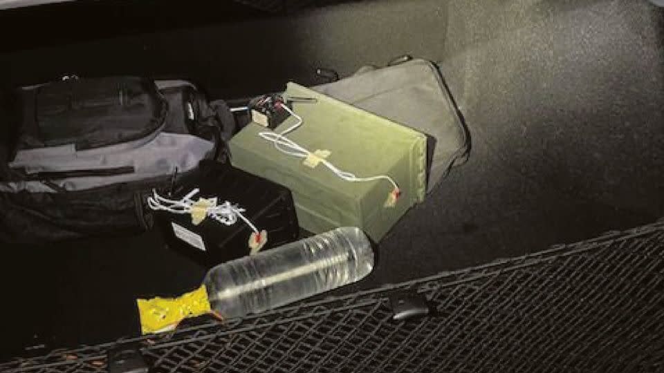 Two improvised explosive devices, as they were first discovered in the trunk of Thomas Crooks' car. The remote detonation receiver was switched off; the devices had several design defects. - Allegheny County Police Department in Pennsylvania