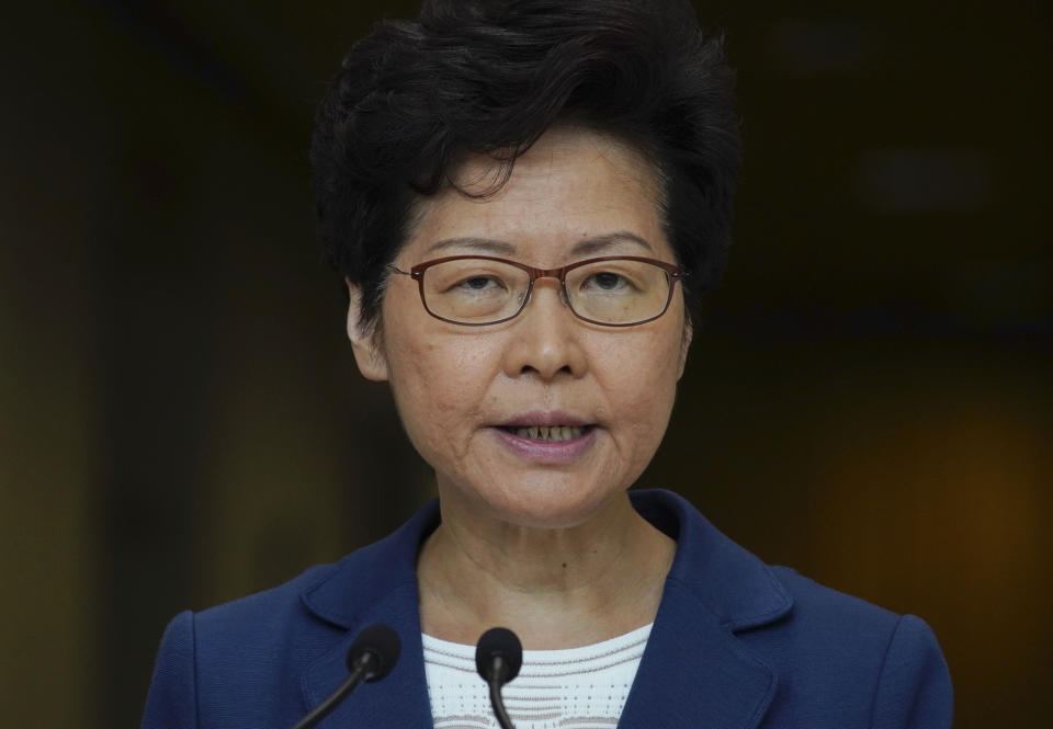 Hong Kong Chief Executive Carrie Lam speaks during a press conference in Hong Kong, Tuesday, Oct. 8, 2019. (AP Photo/Vincent Yu