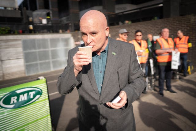 The RMT general secretary, Mick Lynch, on a picket line outside Euston station in London