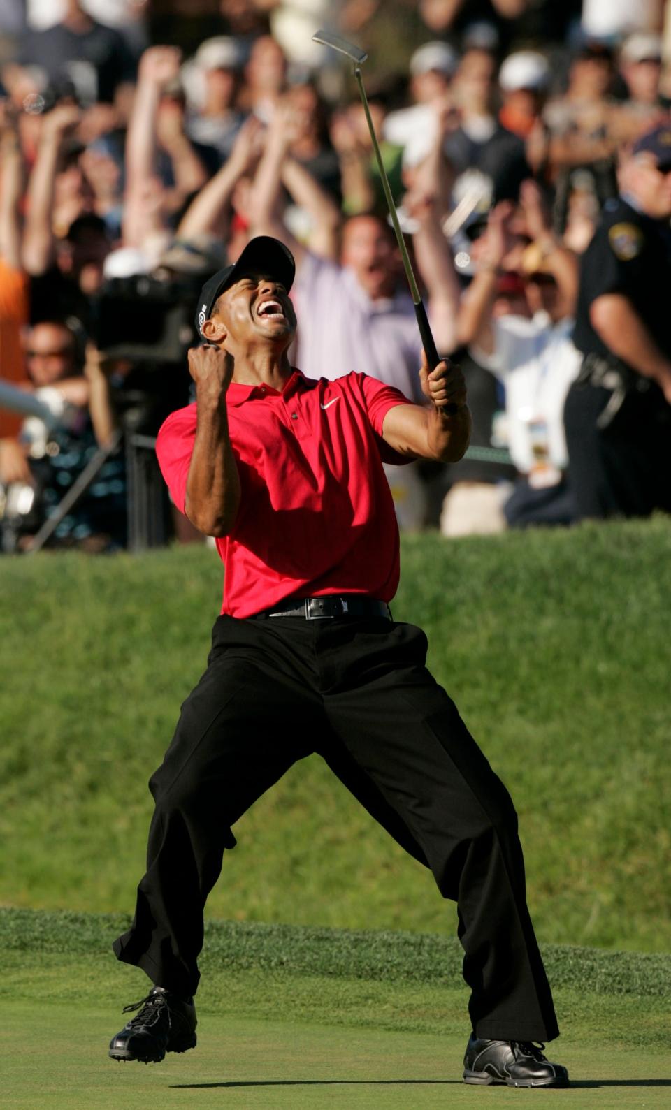 Tiger's reaction to his tournament tying putt on the 72nd hole of the 2008 U.S. Open.