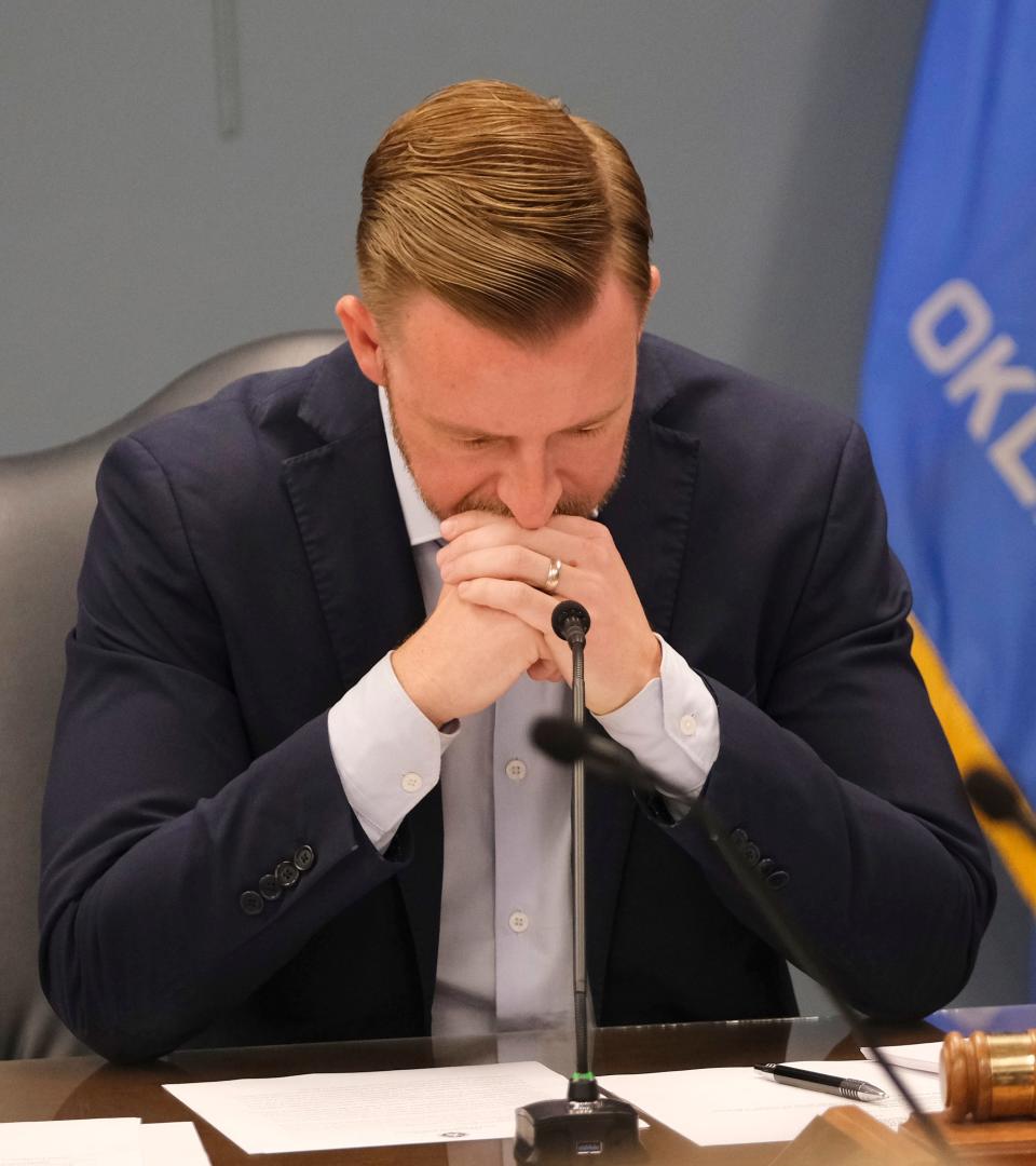 State Superintendent of Public Instruction, Ryan Walters, listens to the vote during The Oklahoma State Board of Education meeting in response to proposed Title IX rules from the Biden Administration, Wednesday, April 12, 2023.