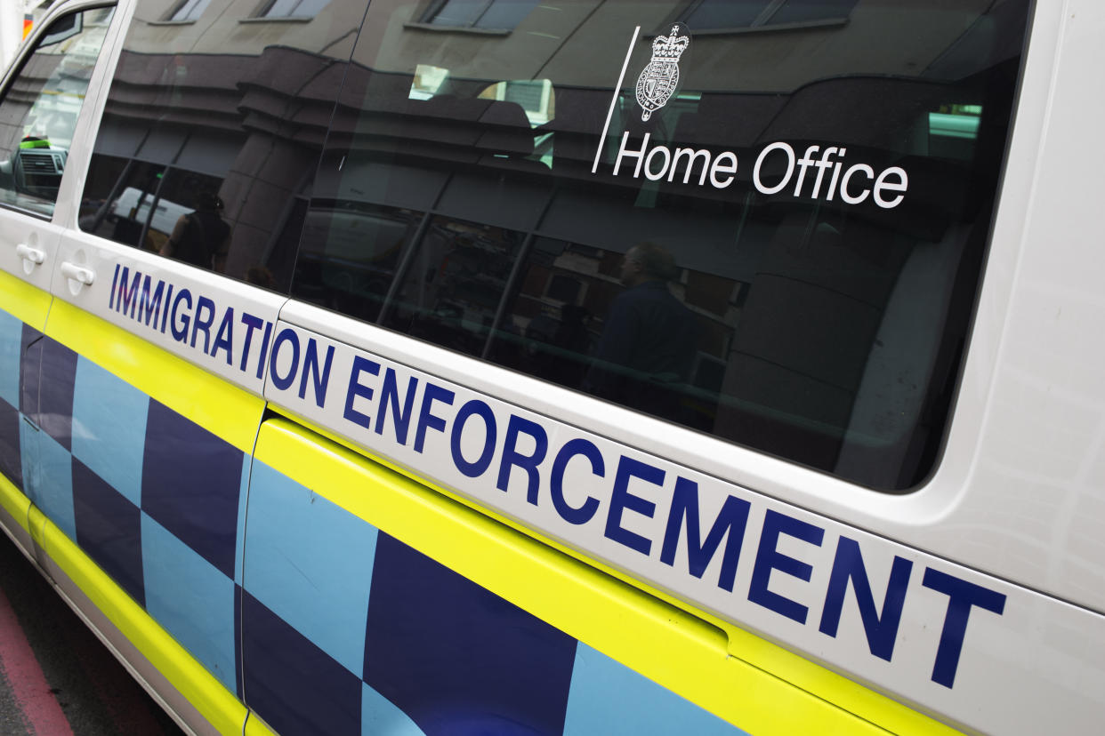 Home Office Immigration Enforcement van driving through South London, UK. The United Kingdom Immigration Service's enforcement arm evolved gradually from the early 1970s to meet demand from police for assistance in dealing with foreign national offenders and suspected immigration offenders within the UK. The wider history of UK immigration control and that of the UK Immigration Service is dealt with under UK Immigration Service. (Photo by In Pictures Ltd./Corbis via Getty Images)