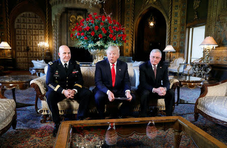 U.S. President Donald Trump announces his new National Security Adviser Army Lt. Gen. H.R. McMaster (L) and that acting adviser Keith Kellogg (R) will become the chief of staff of the National Security Council at Trump's Mar-a-Lago estate in Palm Beach, Florida U.S. February 20, 2017. REUTERS/Kevin Lamarque