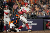 Philadelphia Phillies' Kyle Schwarber runs after hitting a single during the third inning in Game 2 of baseball's World Series between the Houston Astros and the Philadelphia Phillies on Saturday, Oct. 29, 2022, in Houston. (AP Photo/David J. Phillip)