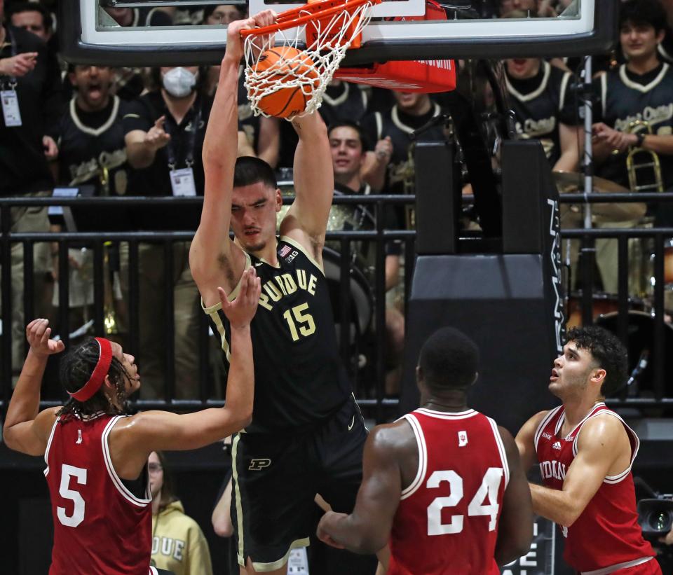 Purdue Boilermakers center Zach Edey (15) dunks the ball during the NCAA men's basketball game against the Indiana Hoosiers, Saturday, Feb. 10, 2024, at Mackey Arena in West Lafayette, Indiana.
