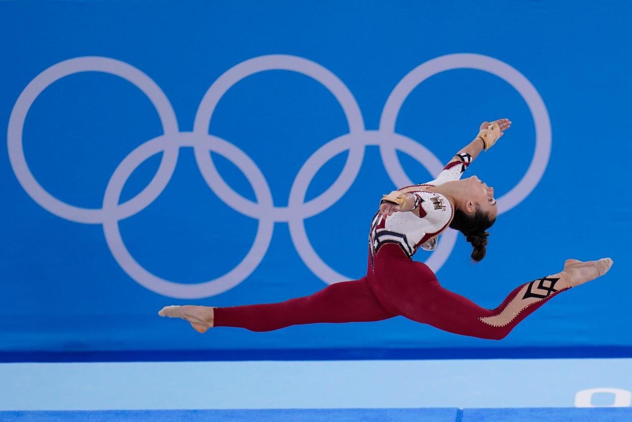 German artistic gymnast Pauline Schaefer-Betz performs her floor exercise routine in the Tokyo Olympics on July 25, 2021.