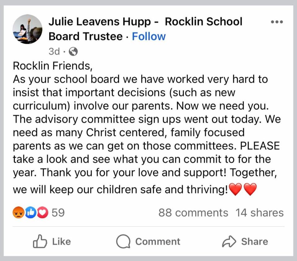 An August 2023 Facebook post by Rocklin school board trustee Julie Leavens Hupp calls for “Christ centered” parents to join district advisory committees.