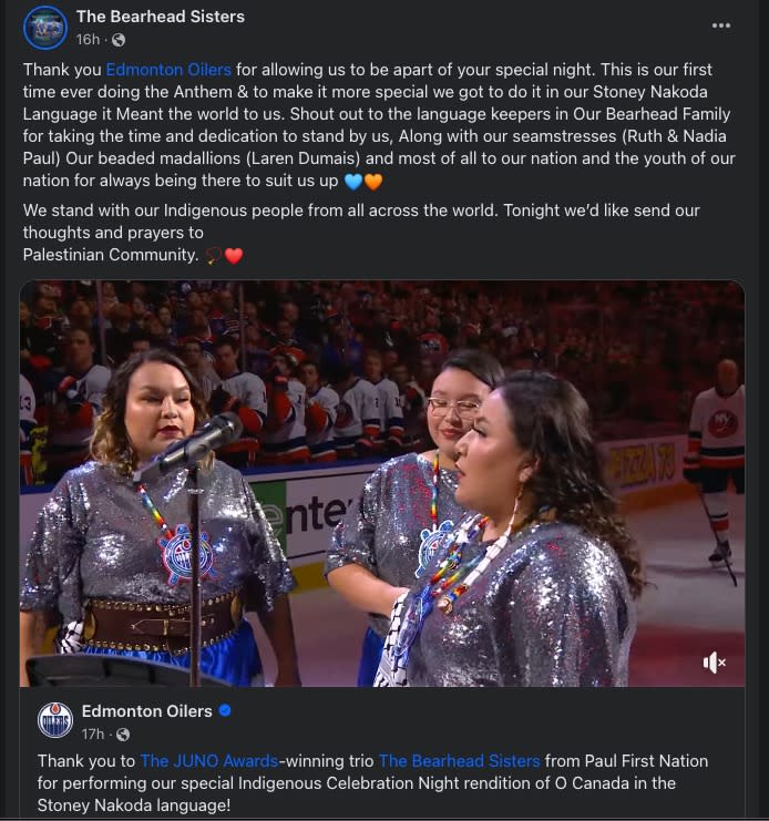 The Bearhead Sisters sang a unique version of 'O Canada' at the Edmonton Oilers game, while sporting a traditional keffiyeh