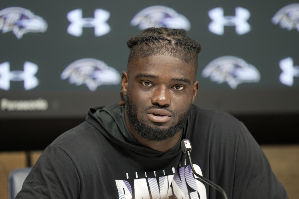 Baltimore Ravens linebacker David Ojabo attends a press conference after an NFL practice session in London, Thursday, Oct. 12, 2023 ahead the NFL game against Tennessee Titans at the Tottenham Hotspur Stadium on Sunday. (AP Photo/Kin Cheung)