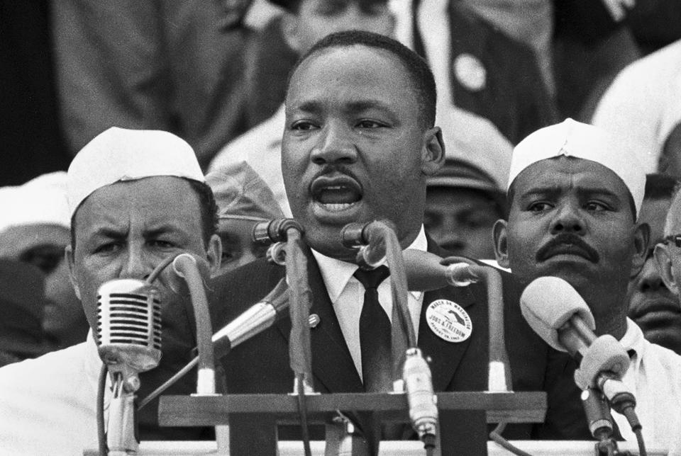 FILE - Martin Luther King Jr., head of the Southern Christian Leadership Conference, addresses marchers during his "I Have a Dream," speech at the Lincoln Memorial in Washington, Aug. 28, 1963. Ahead of President Joe Biden’s State of the Union speech on Tuesday, Feb. 7, 2023, The Associated Press instructed the artificial intelligence program ChatGPT to work up State of the Union speeches as they might have been written by some of history's most famous people, including King. (AP Photo/File)