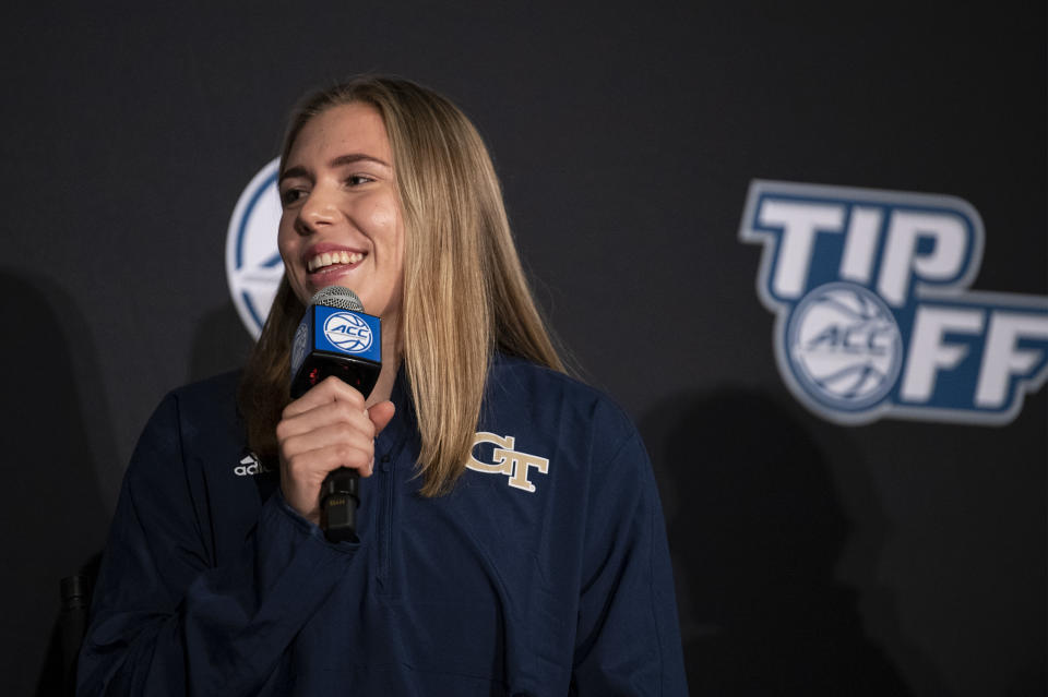 Georgia Tech guard Lotta-Maj Lahtinen answers a question during NCAA college basketball Atlantic Coast Conference media day, Wednesday, Oct. 13, 2021, in Charlotte, N.C. (AP Photo/Matt Kelley)