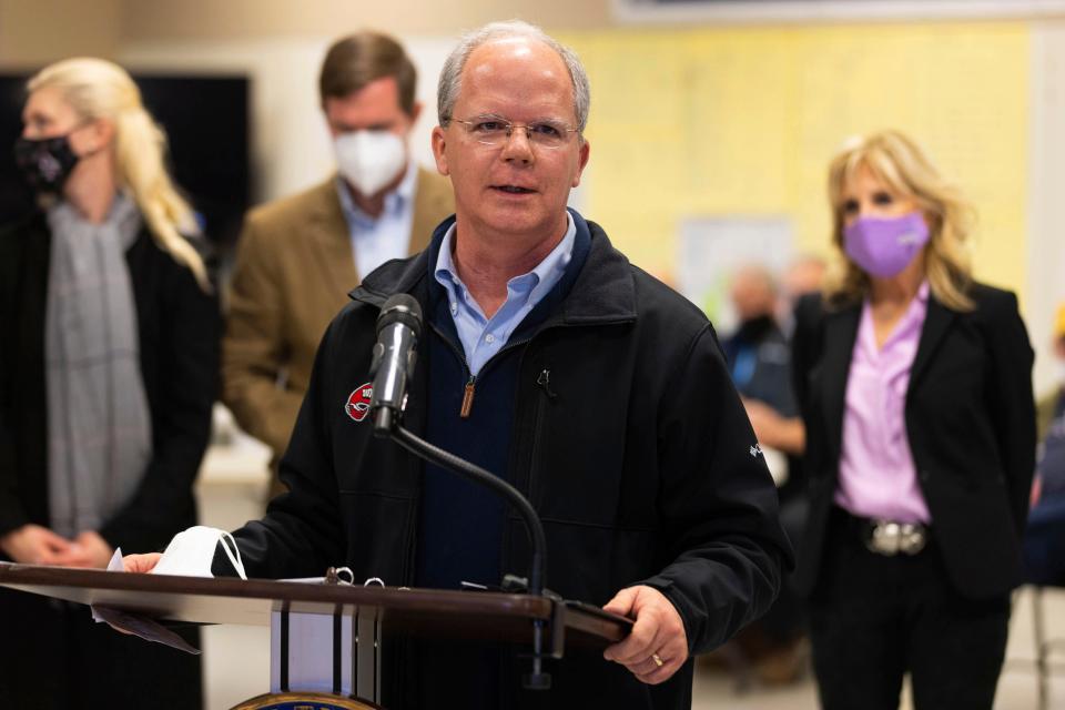 Kentucky Rep. Brett Guthrie delivers remarks at the FEMA State Disaster Recovery Center in Bowling Green, Ky., Friday, Jan. 14, 2022. (AP Photo/Michael Clubb)