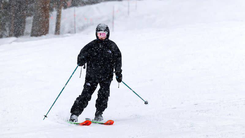 A skier skis down at Brighton Resort in Big Cottonwood Canyon on Saturday, Jan. 20, 2024. Some Utah resorts are approaching 300 inches of snowfall on the last weekend of January.