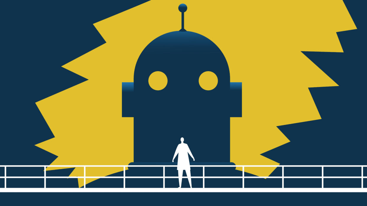  An illustration of a scientist standing in front of a huge robot head. 