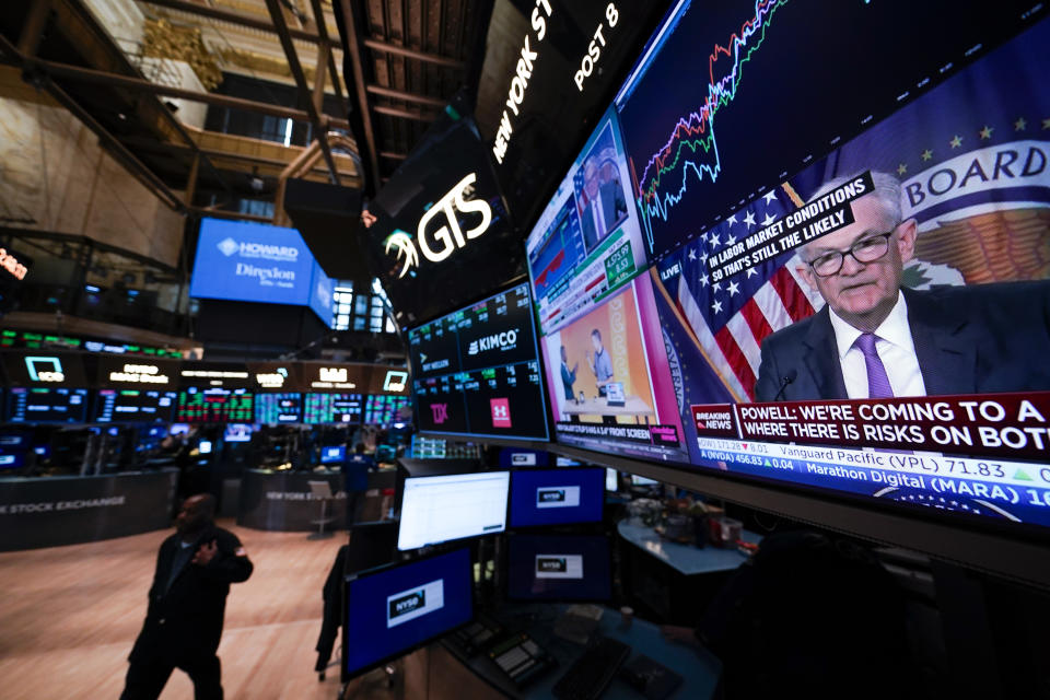 Fed chairman Jerome Powell's news conference is displayed on the floor at the New York Stock Exchange in New York, Wednesday, July 26, 2023. Stocks are mixed after the Federal Reserve followed through on Wall Street's expectations and raised its benchmark interest rate to its highest level in more than two decades. (AP Photo/Seth Wenig)