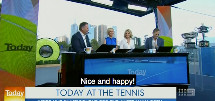Sports reporter Tony Jones was caught giving himself a pep talk of sorts on Monday when the show kicked off, not realising the cameras were actually rolling. Photo: Channel Nine