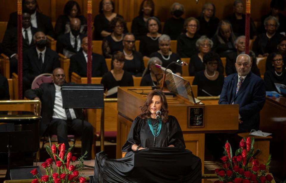 Michigan Gov. Gretchen Whitmer speaks during the funeral of the Rev. Charles G. Adams, a retired pastor, inside the Hartford Memorial Baptist Church in Detroit on Friday, Dec. 15, 2023.