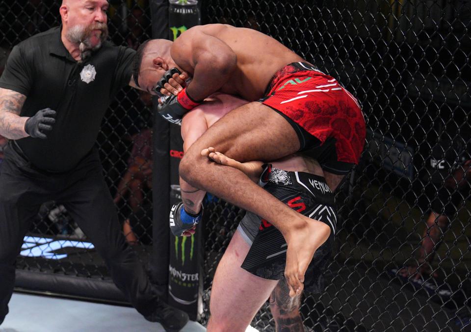 LAS VEGAS, NEVADA - AUGUST 10: (RL) Youssef Zalal of Morocco submits Jarno Errens of the Netherlands with a rear naked choke in a featherweight bout during the UFC Fight Night event at UFC APEX on August 10, 2024 in Las Vegas, Nevada . (Photo by Al Powers/Zuffa LLC)