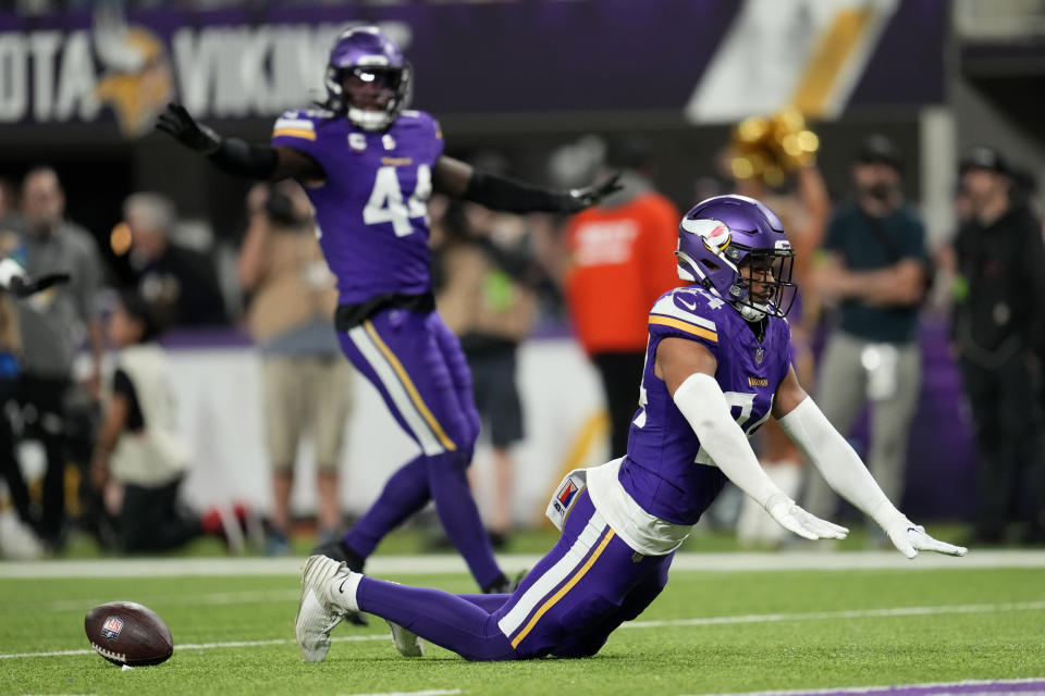 Minnesota Vikings safety Camryn Bynum (24) celebrates after intercepting a pass during the second half of an NFL football game against the San Francisco 49ers, Monday, Oct. 23, 2023, in Minneapolis. (AP Photo/Abbie Parr)