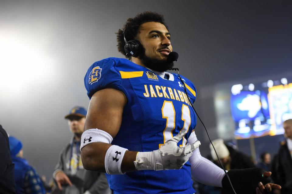 SDSU's linebacker Jason Freeman (11) talks to press after winning the FCS semifinals on Friday, Dec. 15, 2023 at Dana J. Dykhouse in Brookings.