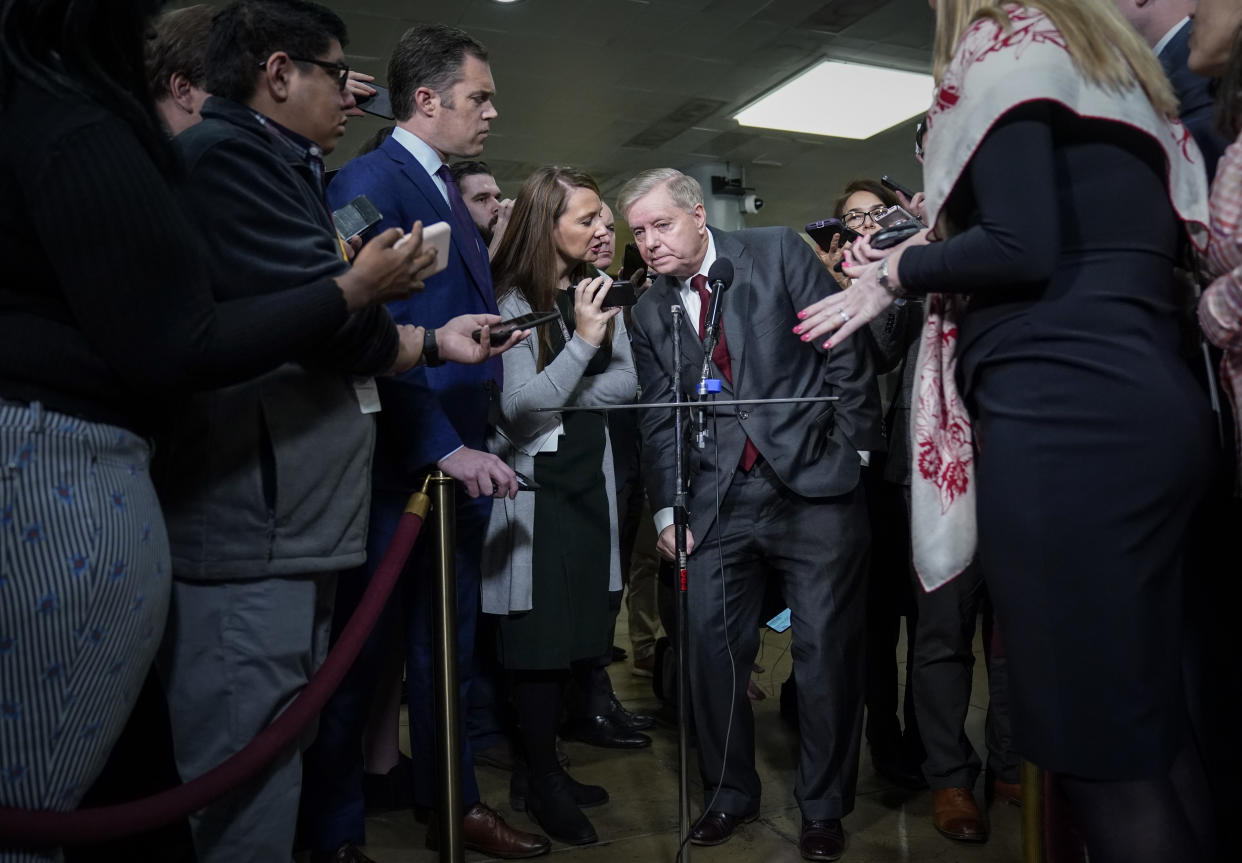 WASHINGTON, DC - JANUARY 23: Sen. Lindsey Graham (R-SC) speaks with reporters in the Senate subway before the impeachment trial of President Donald Trump resumes at the U.S. Capitol on January 23, 2020 in Washington, DC. Democratic House managers will continue their opening arguments on Thursday as the Senate impeachment trial of President Donald Trump continues. (Photo by Drew Angerer/Getty Images)