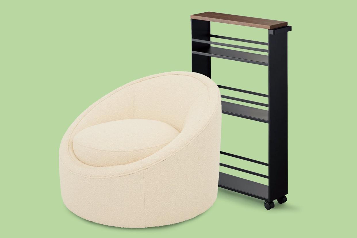 cream swivel chair and slim storage cart
