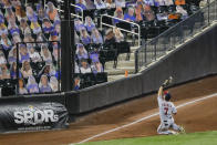 Washington Nationals' Trea Turner (7) catches a ball hit by New York Mets' Andres Gimenez for an out during the ninth inning of a baseball game Tuesday, Aug. 11, 2020, in New York. The Nationals won 2-1. (AP Photo/Frank Franklin II)