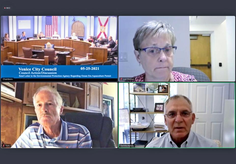 Dennis Peters of Gulfstream Aquaculture, project manager for Ocean Era’s Velella Epsilon aquaculture demonstration project, bottom right, addresses the Venice City Council  in May, 2021. Also pictured, then-City Clerk Lori Stelzer, top right and Venice Environmental Advisory Board Chairman Tom Jones, bottom left.