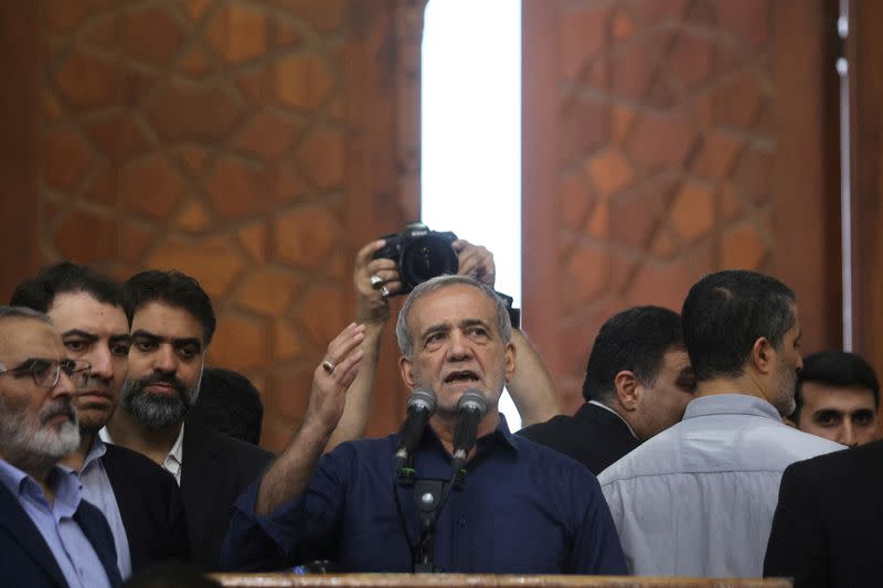 FILE PHOTO: Iran's President-elect Masoud Pezeshkian speaks during a gathering with his supporters at the shrine of Iran's late leader Ayatollah Ruhollah Khomeini, in south of Tehran