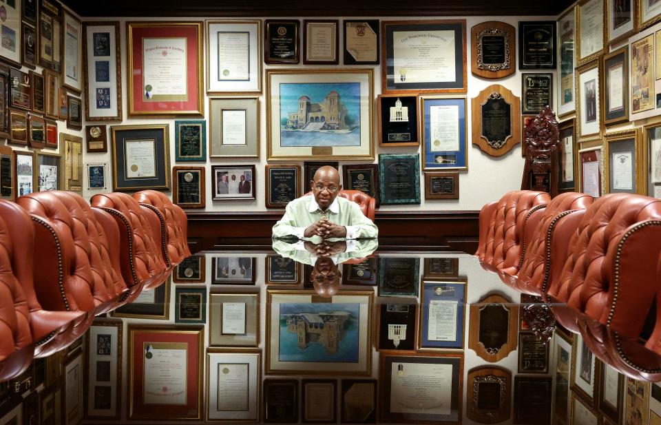 Lawyer Willie E. Gary sits in the "War Room" in his Stuart office, the Waterside Professional Building, 221 W. Osceola Street, on Wednesday, Sept. 20, 2023. The room is adorned with Gary's awards and memorabilia.