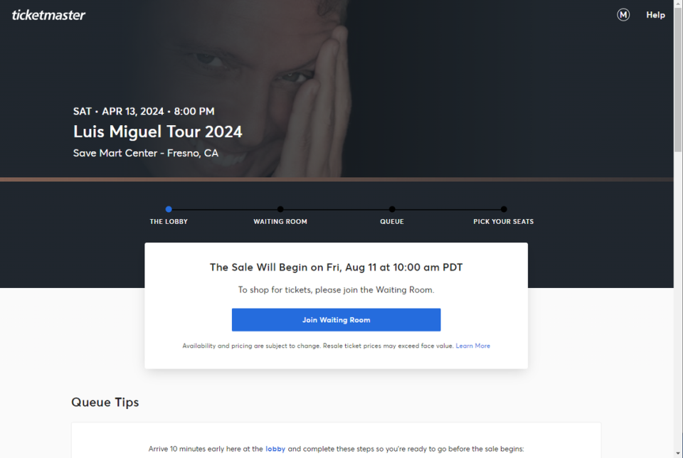 Screenshot of Ticketmaster website before the Luis Miguel Tour 2024 sale started to the general public.