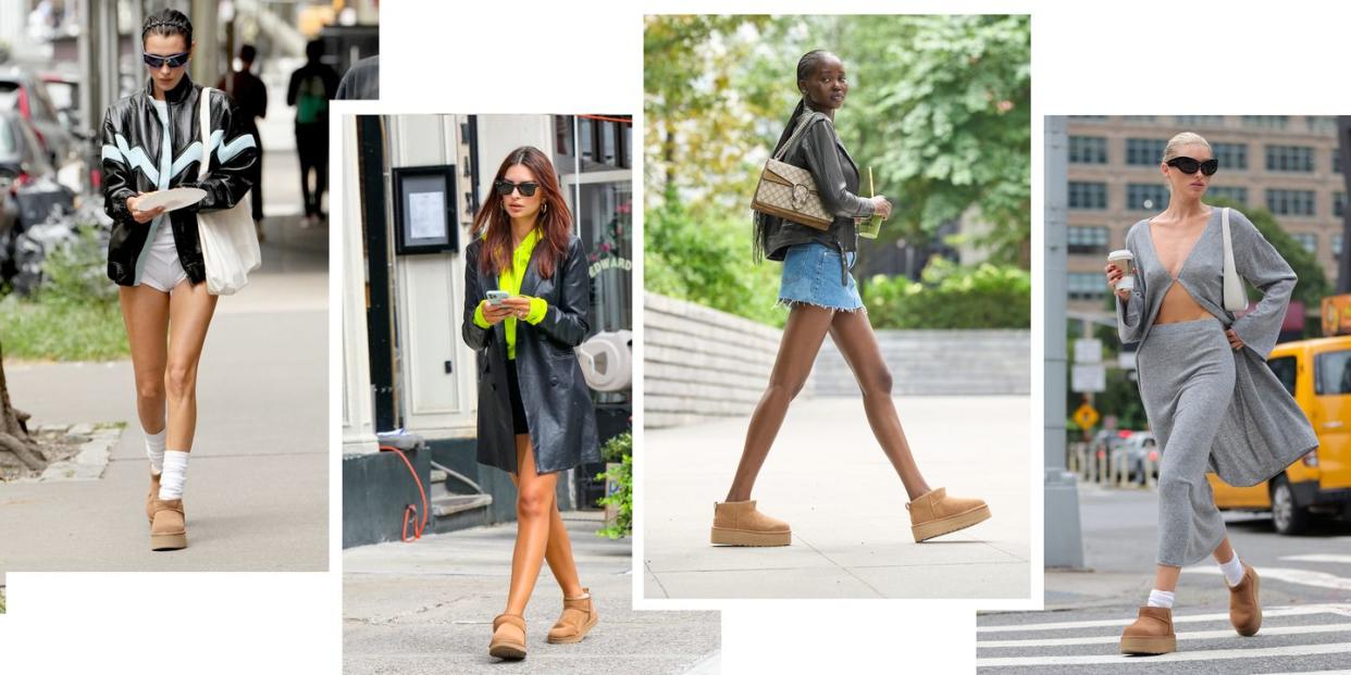 a collage of bella hadid, emily ratajkowski, adut akech, and elsa hosk walking in nyc in ugg ultra minis