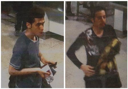 A combination photo shows two men whom police said were travelling on stolen passports onboard the missing Malaysia Airlines MH370 plane, taken before their departure at Kuala Lumpur International Airport in this March 11, 2014 handout courtesy of the Malaysian Police. REUTERS/Malaysian Police/Handout via Reuters