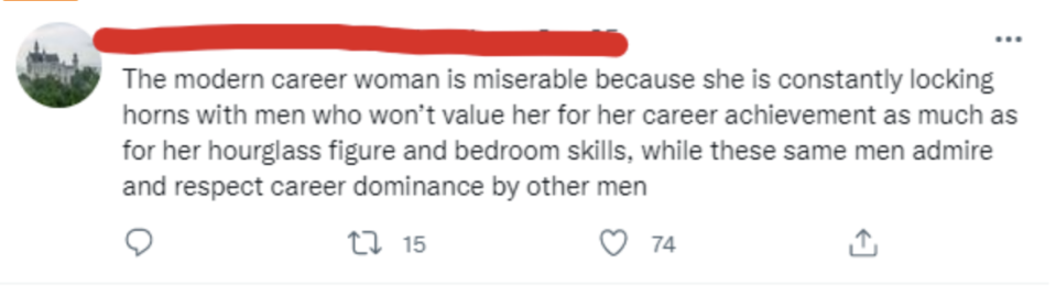 A man saying, "The modern career woman is miserable"
