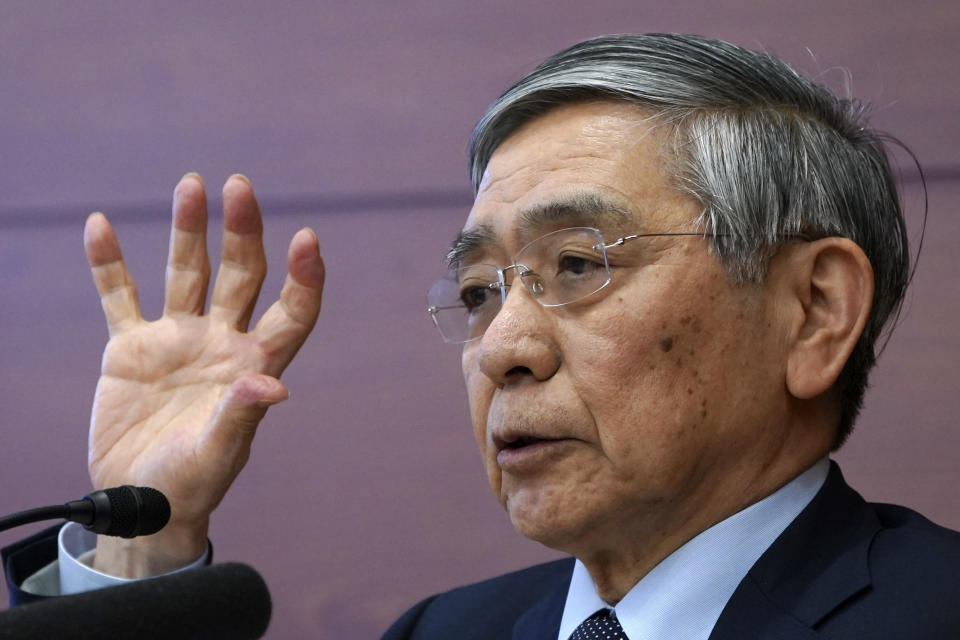 Bank of Japan Governor Haruhiko Kuroda speaks during a news conference in Tokyo Monday, March 16, 2020. Japan's central bank took emergency action Monday to help support the economy following the U.S. Federal Reserve's decision to cut its benchmark interest rate to nearly 0%. (AP Photo/Eugene Hoshiko)