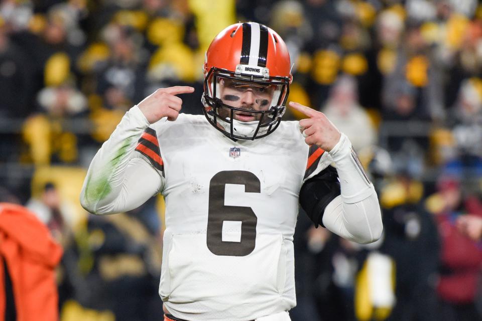 Cleveland Browns quarterback Baker Mayfield (6) gestures during the second half an NFL football game against the Pittsburgh Steelers, Monday, Jan. 3, 2022, in Pittsburgh. (AP Photo/Don Wright)